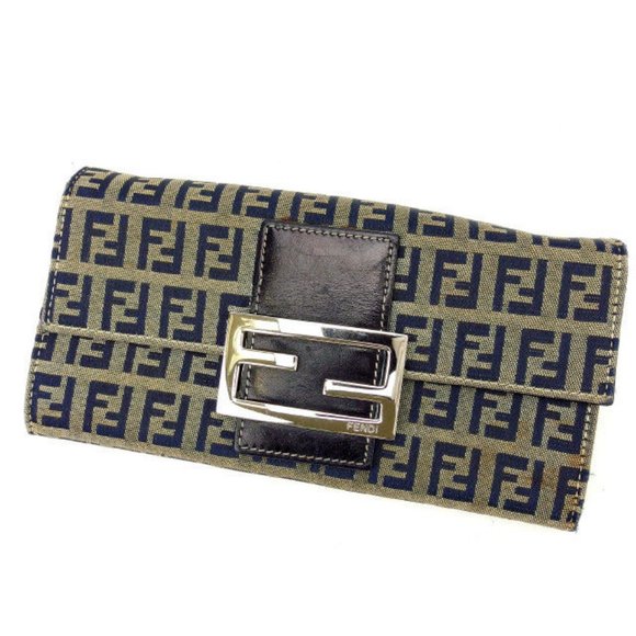 Authentic Fendi Wallet Purse Long Wallet Zucchino Navy Beige Woman Authentic - Picture 1 of 5